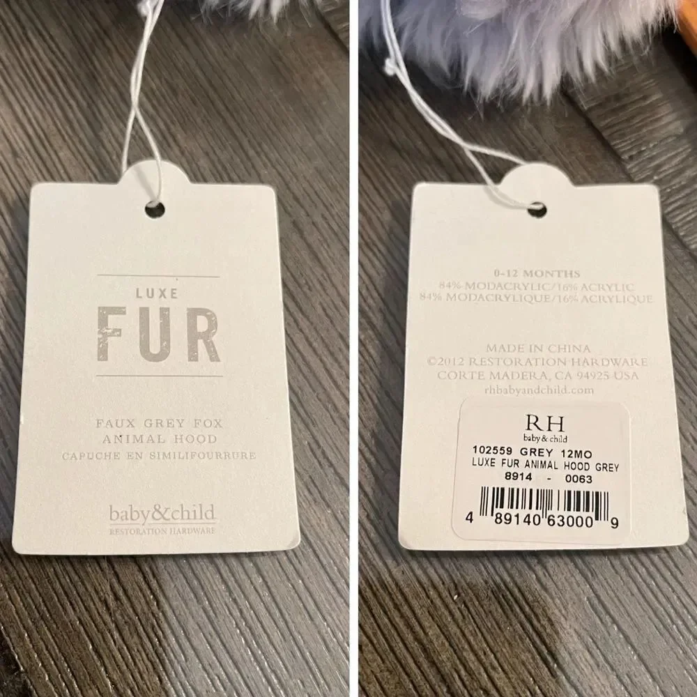 Restoration Hardware LUXE Fur Baby Animal Hood - Grey - 12 Months NWT